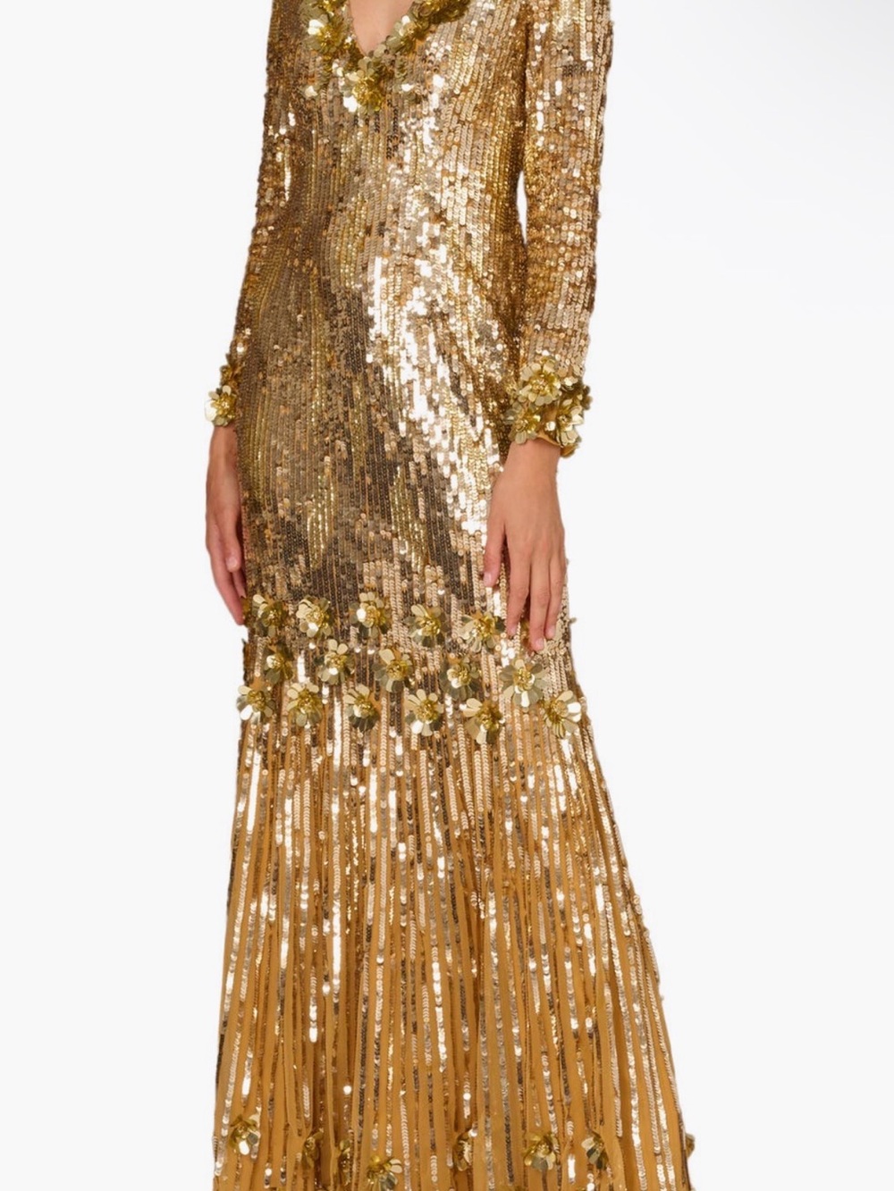 Aidan Mattox Gold Sequin Long Sleeve Floral Fringe Gown